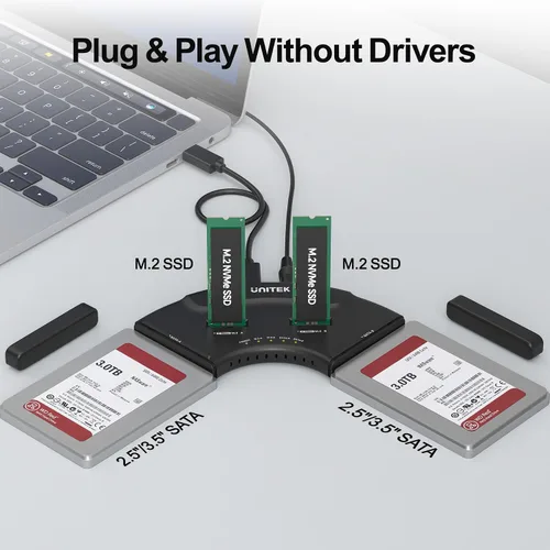 Vista 5 de Unitek Carcasa para disco duro dual M.2 y SATA dual 4 en 1, estación de acoplamiento USB-C de 4 bahías para 2X NVMe PCIe y 2 unidades de disco duro