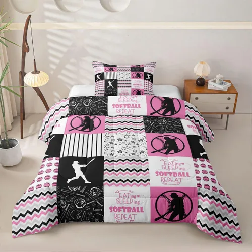 Vista 18 de Erosebridal Softball Comforter Set Patchwork Buffalo Plaid Twin Bedding Sets for Girls Kids Teens Child Galaxy Stars Ball Game Baseball Comforter