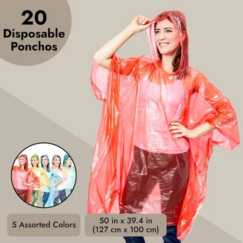Vista 5 de Juvale Ponchos de lluvia para adultos, tamaño único (50 x 39.4 pulgadas), plástico con capucha, 5 colores vibrantes, paquete familiar de 20 ponchos