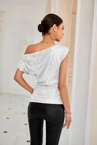 Vista 3 de GRACE KARIN Blusas brillantes de lentejuelas de un hombro para mujer, con purpurina asimétrica fruncida, adelgazante, camisas de fiesta brillantes
