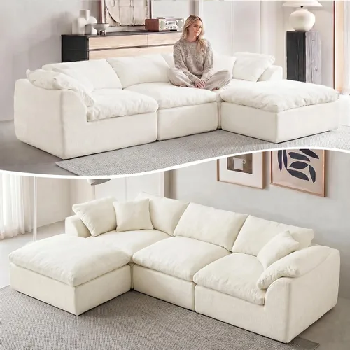 Vista 13 de Sofás modernos de nube de 109 pulgadas para sala de estar, sofá convertible en forma de L de asiento profundo sin huesos con otomana, sofá cómodo