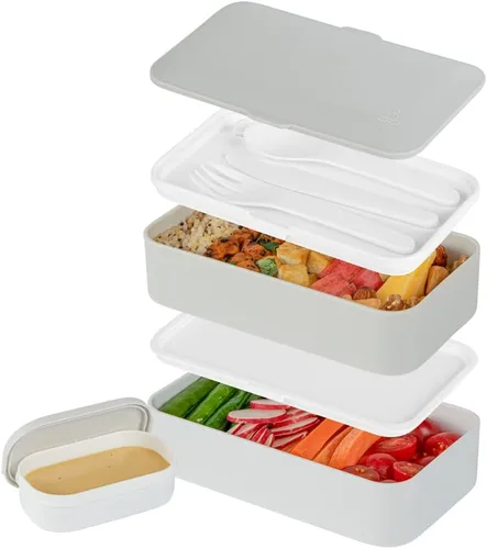 Vista 25 de Restaurantware -Bento Tek - Lonchera apilable de 40.5 onzas, 1 contenedor reutilizable para adultos – con utensilios, taza de salsa incluida, caja