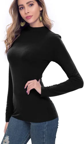 Vista 2 de Camisas de manga larga para mujer, cuello alto, ajustadas, básicas, elásticas, ligeras, de capa