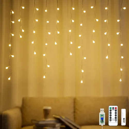 Vista 10 de YOLIGHT Luces de hadas para cortina, luz de bola de icículo alimentada por USB/batería, 13 pies 96 luces LED de globo colgantes para dormitorio