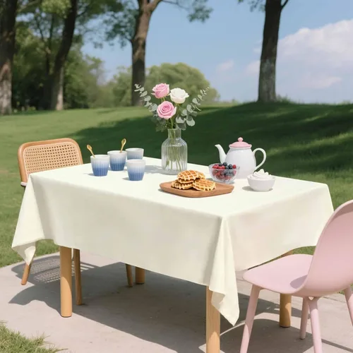 Vista 5 de Paquete de 2 Manteles de Plástico Beige Desechables Cubiertas de Mesa Mantel Rectangular Beige para Fiesta Baby Shower Boda Cumpleaños Mantel