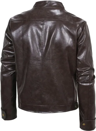Vista 4 de Aipengry Chaqueta de piel sintética para hombre, cuello alto, piel sintética, con cremallera completa, chaqueta casual para motocicleta, abrigo
