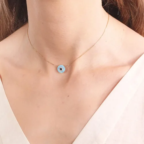Vista 6 de Blue Opal Evil Eye Necklace,10mm created Opal,14k gold filled chain length 16 inch+ extension