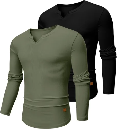 Vista 28 de JMIERR Camisetas de manga larga para hombre, estilo casual, cuello en V Negro+Blanco