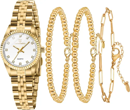 Vista 13 de Juego de reloj de oro para mujer, chapado en oro de 18 quilates, brazalete brazalete anillo para mujer, delicado reloj analógico impermeable