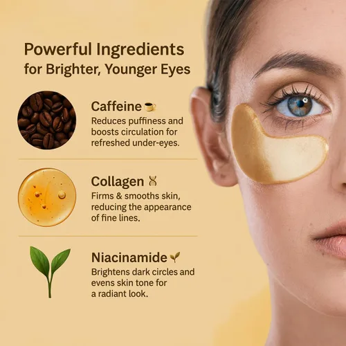 Vista 6 de Parches para debajo de los ojos con cafeína, colágeno y niacinamida (30 pares) – Mascarilla hidratante para ojos hinchados, ojeras, arrugas y líneas