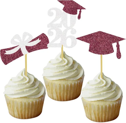 Vista 25 de Decoración para cupcakes de graduación, decoración de fiesta de graduación, selecciones de alimentos, felicitaciones, tapa de diploma con purpurina