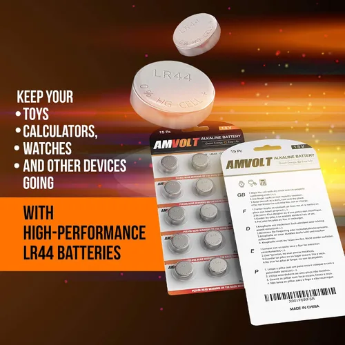 Vista 6 de AmVolt- Pack of 15 LR44 Batteries AG13 SR44 357 303 Premium Alkaline Non Rechargeable Button Battery, 1.5 Volt Small Batteries for Watches Clocks &