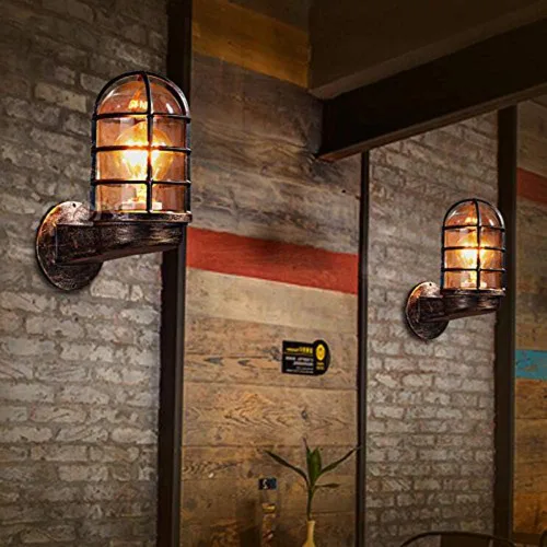 Vista 8 de Aplique de pared reversible de hierro forjado de metal vintage industrial estilo náutico con protector de alambre rústico antiguo pared lámpara