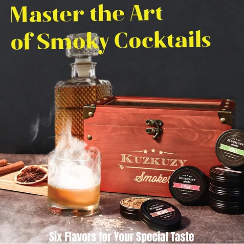 Vista 6 de Kit para ahumar cócteles - Kit ahumador para whisky con pistola ahumadora, caja ahumadora, astillas de madera de 6 sabores con piedras para whisky