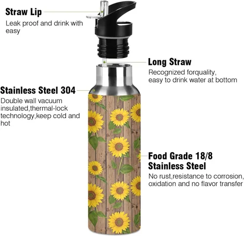 Vista 3 de Sunflowers Green Leaves Insulated Stainless Steel Water Bottle with Straw 20 Oz, BPA-Free Sport Water Bottle Insulated Leakproof Water Bottles