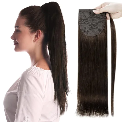 Vista 19 de Extensiones de cabello Full Shine con clip para cola de caballo, cabello humano, tonos medios marrones y rubio miel, envoltura alrededor de la cola
