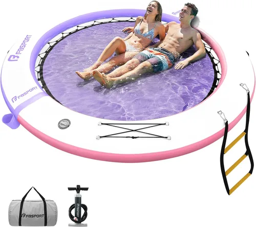 Vista 12 de FBSPORT Hamaca inflable de agua redonda flotante, 10/8/6 pies, plataforma flotante para lago con portavasos, flotador solar, balsa fría, anillo