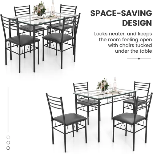 Vista 3 de NAFORT Juego de mesa de comedor de 5 piezas para 4, moderna mesa de cocina de vidrio templado de 3/8 pulgadas con 4 sillas de comedor tapizadas