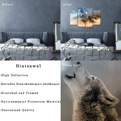 Vista 6 de Biuteawal - 4 piezas de arte de pared de animales de lobo aullando a la luna, póster de arte impreso de vida silvestre para decoración moderna