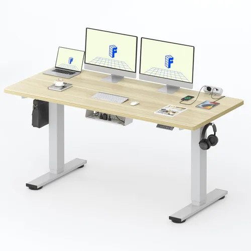 Vista 46 de FLEXISPOT EN2 Escritorio de pie de una pieza entera de 48 x 30 pulgadas con regleta eléctrica, arce Parte superior de arce + marco blanco