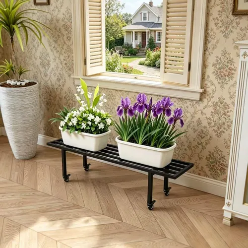 Vista 4 de Zhongma Soporte de metal para plantas de un nivel con ruedas, (35.43 pulgadas de largo x 8.66 pulgadas de ancho x 10.3 pulgadas de alto) soporte