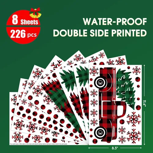 Vista 4 de Horaldaily 226 calcomanías de Navidad para ventana, árbol rojo y verde, camión de nieve para suministros de fiesta en casa, tienda, ventana