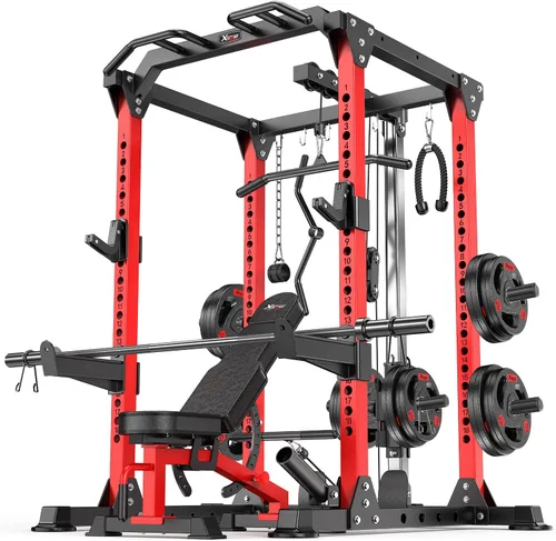 Vista 23 de Power Rack Power Cage Rack multifunción para sentadillas con sistema cruzado de cable seleccionable más accesorio de entrenamiento para garaje