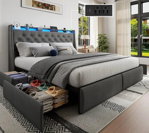 Vista 14 de Base de cama matrimonial tapizada con respaldo alero con 2 cajones de almacenamiento y luces LED