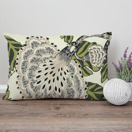 Vista 121 de ArogGeld Funda de cojín con flores verdes y blancas con flores grises y negras y hojas verdes en estilo chinoiserie, funda de almohada cuadrada