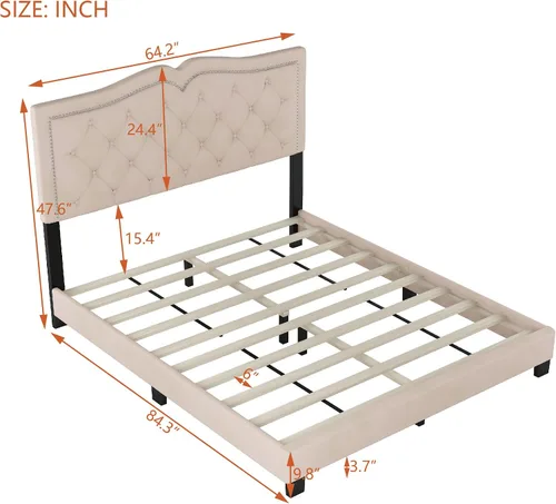 Vista 2 de Marco de cama de terciopelo tamaño Queen, cabecera capitonada con alas de canal vertical, cama con plataforma tapizada, listones de madera fuertes