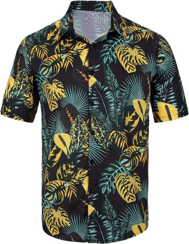 Vista 3 de Camisas hawaianas para hombre, estilo casual, con botones, manga corta, pantalones cortos estampados, trajes de vacaciones en la playa tropical