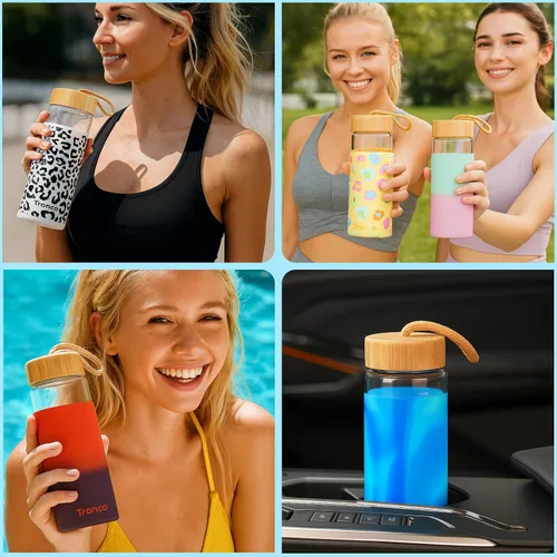 Vista 8 de Tronco Botellas de agua de vidrio de 20 onzas con tapas, botellas de vidrio de borosilicato reutilizables con tapa de bambú y funda de silicona