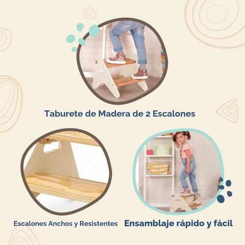 Vista 5 de B. toys Peek-A-Boost, 2 escalones, marfil y madera con asas, juego de 16