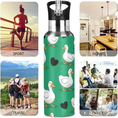 Vista 5 de Cartoon White Ducks Green Stainless Steel Water Bottle 20 Oz Leakproof Water Bottles, BPA-Free Sport Water Bottle Insulated
