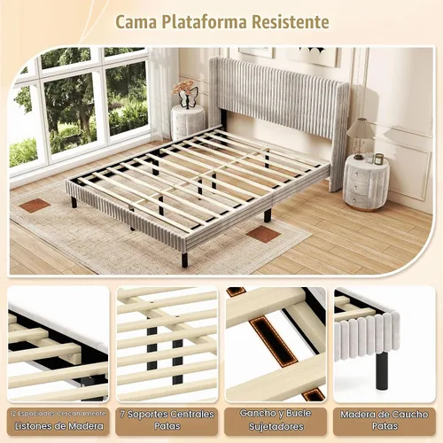 Vista 6 de Giantex Base de cama de terciopelo tamaño Queen, plataforma tapizada con cabecera vertical copetuda, base de colchón de soporte de listones