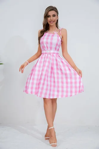 Vista 2 de Vestido a cuadros rosa de los años 50 para mujer, disfraces vintage de los años 50, vestido de fiesta de disfraces de Halloween con accesorios