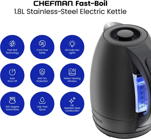 Vista 2 de Chefman Hervidor eléctrico, hervidor eléctrico de acero inoxidable de 1.8 litros con apagado automático, luces LED, protección para hervir y secar