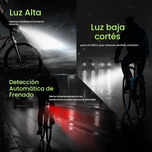 Vista 2 de Luces inteligentes para bicicleta delanteras y traseras, kit R15, recargable por USB C con detección automática de frenos, 500 lúmenes impermeable
