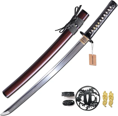 Vista 9 de MURASAME - Espada Wakizashi T10 de acero templado con arcilla, hamon real, hecha a mano, lista para la batalla