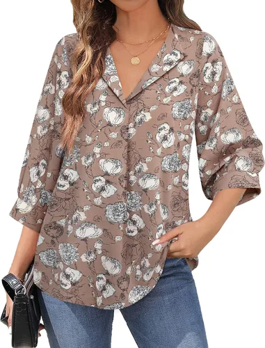 Vista 2 de Unixseque Blusas de trabajo sueltas de gasa con cuello en V y manga 34 para mujer