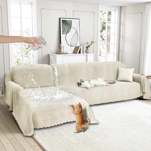 Vista 21 de juego de fundas 100% impermeables para sofá modular para perros de felpilla en forma de L, juego de manta para sofá con borlas, funda deslizante