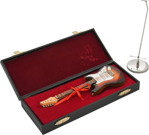Vista 4 de Broadway Gift Co. Guitarra eléctrica en miniatura marrón oscuro de 7 pulgadas decoración de mesa de madera