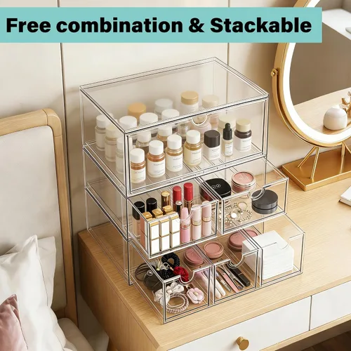 Vista 5 de Prsildan Organizador de maquillaje acrílico, cajones de almacenamiento transparentes apilables para biberones, organizadores de escritorio