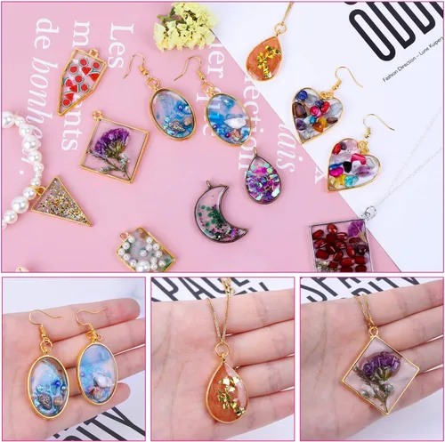 Vista 5 de Shynek 60 colgantes de marco hueco, biseles de resina para manualidades, moldes de joyería para collares y aretes