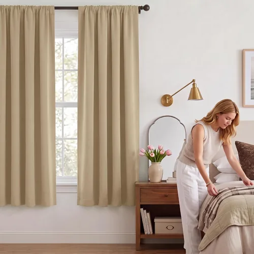 Vista 5 de NICETOWN Biscotti Beige 100% Cortinas opacas de 45" de largo para cocina, bolsillo con varilla para sótano completamente opaco, cortinas térmicas