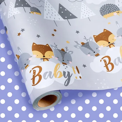 Vista 16 de Homeral Rollo de papel para envolver regalos azul para baby shower - Rollo mini - 17 pulgadas x 16.5 pies - Juego reversible de papel de regalo