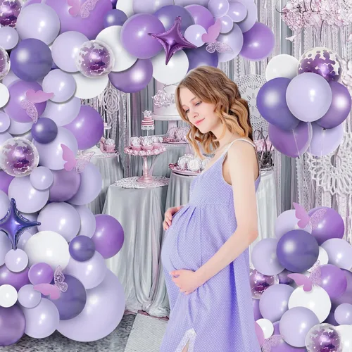 Vista 6 de PERPAOL Kit de guirnalda de globos morados de 150 piezas con calcomanías de mariposa, arco de globos de confeti morado metálico y macarrón blanco