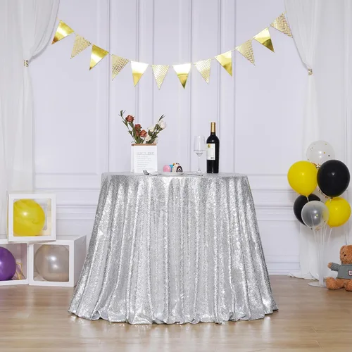 Vista 7 de Mantel de lentejuelas plateadas, mantel rectangular de 50 x 102 pulgadas, mantel rectangular de lentejuelas y tela satinada para fiestas, bodas