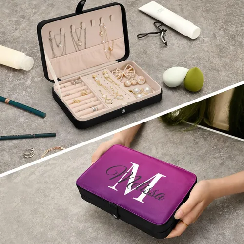 Vista 7 de Emelivor Joyero de viaje personalizado con degradado morado, doble capa, caja de joyería portátil personalizada, organizador de joyas de viaje