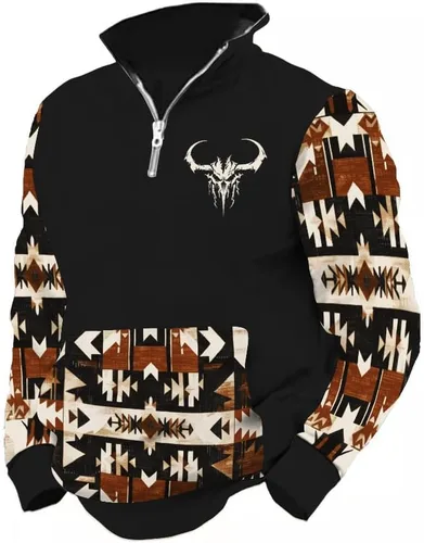 Vista 10 de LOAIHA Native American - Sudadera con capucha para hombre, manga larga, cremallera de 1/4, chaqueta vaquera